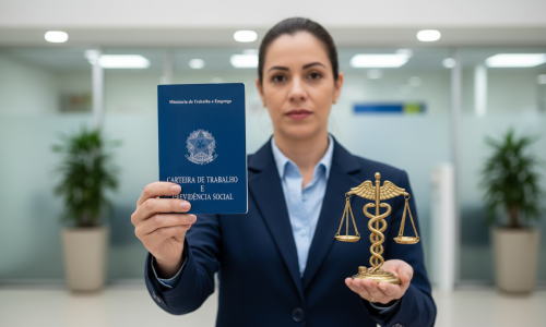 direito trabalhista bancário: bancária segurando carteira de trabalho e a balança da justiça.
